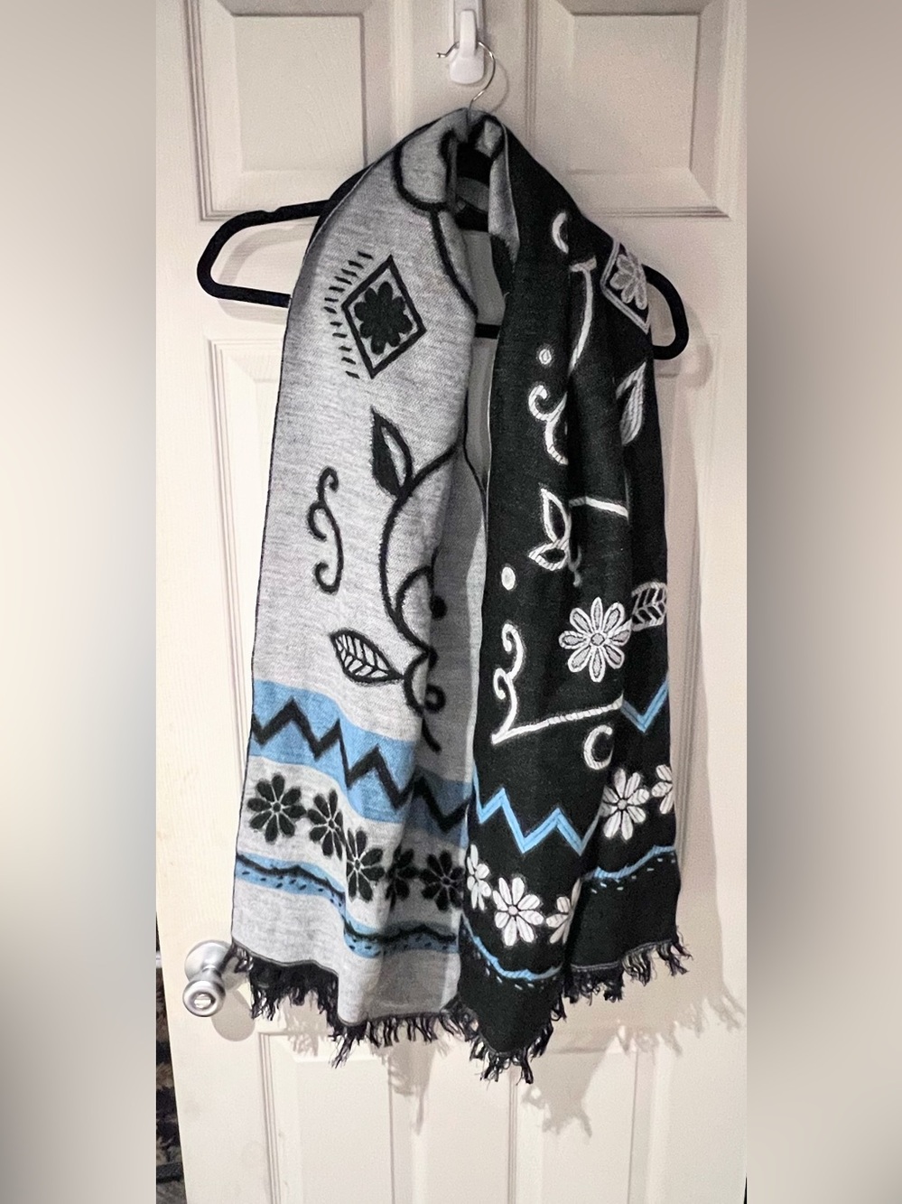 Reversible Floral Knit Scarf/Shaw- Black, Light Gray & Blue Accents
